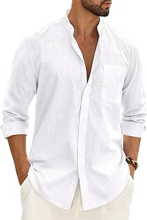 Men's Cotton Linen Shirts Long Sleeve Button Down Shirt Band Collar Beach Shirts: OEM Production and Sizing Notes