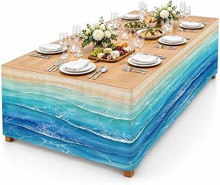 9Ft Table Skirt, Teal Blue Ombre Table Skirt for Rectangle Tables & Round Tables, Decorative Desk Skirts, Summer Beach Abstract Ocean Wave Party: Ombre Dyeing and Production Notes