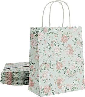 Sparkle and Bash Floral Party Favor Bags with Handles - 24 Pack 8 x 4 x 10 In Light Green Rose Print - Paper Gift Bags for Baby Shower, Bridal &: Print Design and Production Notes
