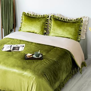 GLORY SEASON Velvet Duvet Cover Set Retro Ruffle Flounces Trim Luxurious Solid Olive Green Farmhouse Vintage Comforter Cover Bedding Sets: Jacquard Weave and Production Notes