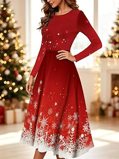 Women's Christmas Snowflake Maxi Dress, Crew Neck Long Sleeve Dress Holiday: Ombre Dyeing and Production Notes