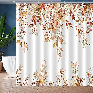JWXCBIM Fall Brown Eucalyptus Leaves Shower Curtain, Aesthetic Art Watercolor Autumn Plant Floral Leaf Bathroom Decor, Waterproof Fabric Bath: Print Design and Production Notes
