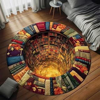 Faux 3D Illusion Black cat Round Rug Book Lovers Library Theme Floor mat cat Hole Design Black Rug 3D Illusion Round Library Book Lover (4 +: Jacquard Weave and Production Notes