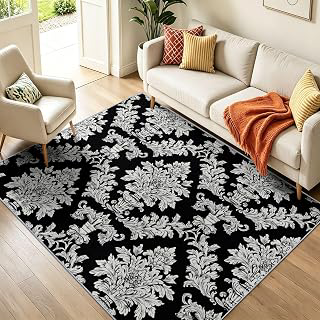Area Rug Washable Entry Rug 5 x 7 ft, Baroque Pattern Jacquard Damask Vintage Print Rugs Non-Slip Indoor Entrance Door Mat - Black Printed Throw: Jacquard Weave and Production Notes