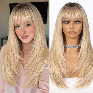 Allbell Ombre Blonde Wigs for Women Long Straight layered Wig With Bangs 22 inch Natural Looking Wig Synthetic Heat Resistant Fiber for Daily: Ombre Dyeing and Production Notes