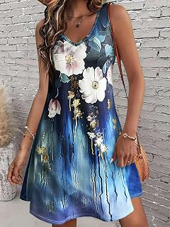 Women Sleeveless V Neck Blue Floral Ombre Mini Dress Loose A Line Swing Summer Sundress: Ombre Dyeing and Production Notes