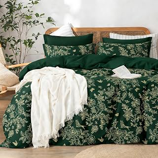 Floral Duvet Cover Queen Dark Green Gold 3 Pieces Elegant Botanical Flower Printed Bedding Set, Modern Aesthetic Duvet Cover Set for All Season: Print Design and Production Notes