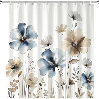 Boho Floral Waterproof Polyester Fabric Shower Curtain, Cream Beige Grey Blue Tan Watercolor Ink Flower Plant Leaf Pattern, Bathroom Decor: Jacquard Weave and Production Notes
