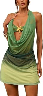 Women's Mini Dress Halter Neck Mini Dress, Ombre Mesh Cutout Backless Dress: Ombre Dyeing and Production Notes