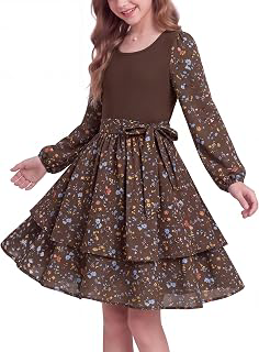 Girls Fall Dresses Long Sleeve Floral Winter U-Neck Waist Ties 6-14Y: OEM Production and Sizing Notes