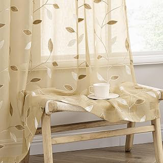 MIULEE Beige Sheer Curtains 2 Panels Embroidered Leaf Patterned, W52 x L84: Print Design and Production Notes
