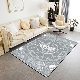 Paisley Flower Area Rug Gothic Skull Jacquard Floral Indoor Floor Mats Entrance Rugs for Kids Boys Girls Room Decor,Boho Style Grey White Non: Jacquard Weave and Production Notes