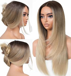BrownBomb Ombre Blonde Wear and Go Glueless Wigs Pre Plucked Pre Cut for Beginners Synthetic Lace Front Wigs With Bangs Blonde Long Layered: Ombre Dyeing and Production Notes