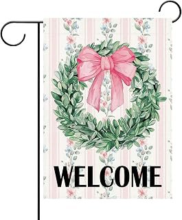 Pink Bow Greenery Wreath Welcome Garden Flag, Grandmillennial Floral: Fabric Sourcing and Quality Notes
