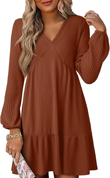 Womens Dresses Long Sleeve V Neck Lightweight Ribbed Knit Empire Waist Casual A Line Swing Mini Dress: OEM Production and Sizing Notes