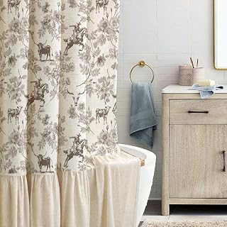 Linen Shower Curtain 72x72 - Farmhouse Ruffle Design with Western Cowboy & Floral Pattern,Vintage Cottagecore Style for French Country Shabby: Print Design and Production Notes