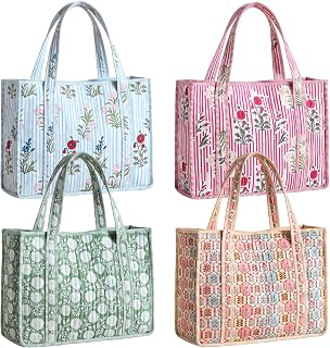 Eccliy 4 Pcs Block Print Cotton Quilted Tote Bag for Beach Travel Gift: Print Design and Production Notes