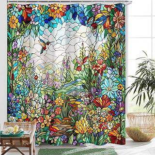 Neasow Boho Stained Glass Shower Curtain, Colorful Bohemian Wildflower Design, Artistic Floral Fabric Bath Decor for Bathroom, 72x72 inch: Jacquard Weave and Production Notes