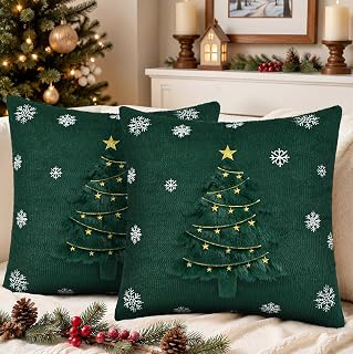 Christmas Tree Pillow Covers 20x20 Set of 2, Faux Fur, Embroidery, Green: Jacquard Weave and Production Notes