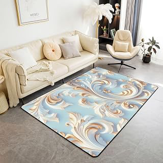 Erosebridal White Gold Damask Area Rug for Bedside Living Room Jacquard Damask Print Play Rug 6'6