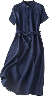 Women's Vintage Button Down Cotton Linen Dresses with Belt Collared Short Sleeve Casual Loose Midi Dresses for Women: Ombre Dyeing and Production Notes