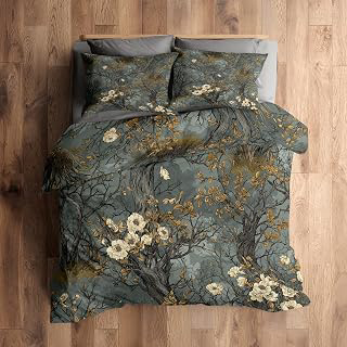 Vintage Floral Duvet Cover Queen Size, Tree Abstract Reversible Design Bedding Set 3 Piece, Vintage Floral Bedroom Decor & Gift, Soft: Jacquard Weave and Production Notes
