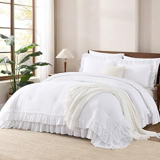 Andency White Ruffle Comforter Set Queen Size, 3 Pieces: Jacquard Weave and Production Notes