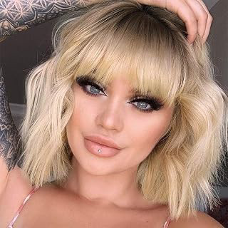MISSQUEEN Short Blonde Wig with Bangs,Ombre Wavy Blonde Bob Wigs for Women: Ombre Dyeing and Production Notes