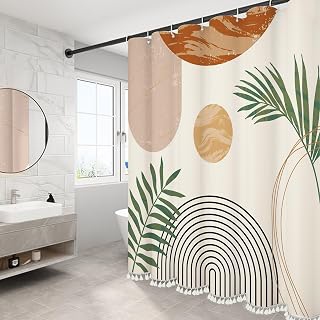 Boho Mid Century Leaf Shower Curtain Set,Arch Sun Design,Minimalistic Leaves Pattern,Waterproof and Luxurious Fabric-12 Hooks(Beige-72