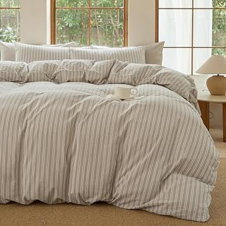 Striped Duvet Cover Set,100% Washed Cotton Linen Like Bedding Set,Breathable,Durable,Comfy(Strip-Tannish Linen Grey/White,Queen): Jacquard Weave and Production Notes