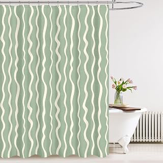 Tititex Cute Curvy Wavy Lines 140gsm Faux Linen Fabric Shower Curtain, Elegant Beige Sage Green Wave Striped Shower Curtain Sets Decoration: Jacquard Weave and Production Notes