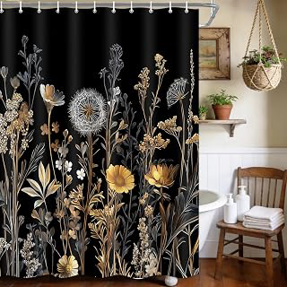 Black Gold Dandelion Wildflower Shower Curtain, Waterproof Polyester Vintage Botanical Floral Bathroom Curtain with Hooks, 72x72 Inch Farmhouse: Jacquard Weave and Production Notes