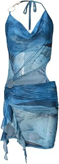 Women Sexy Sheer Halterneck Mini Dress Y2K Mesh Going Out Dress: Ombre Dyeing and Production Notes