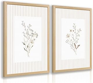 Msziryn Vintage Wildflower Wall Art Set of 2, Neutral Flower Botanical Poster Print, Beige Striped Floral Wall Decor, Rustic Cottagecore: Print Design and Production Notes