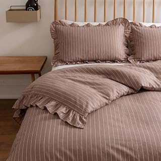Merryword Luxury Brown Pinstripe Duvet Cover Set King Size, 100% Cotton Bedding with Elegant Ruffle Trim, Soft Breathable, 3 Pieces Bedding for: Jacquard Weave and Production Notes