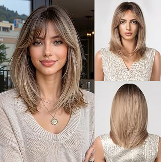 Esmee Short Straight Ombre Blonde Bob Wigs With Curtain Bangs Shoulder Length Natural Wig Synthetic Daily Party Cosplay Wigs for Women: Ombre Dyeing and Production Notes