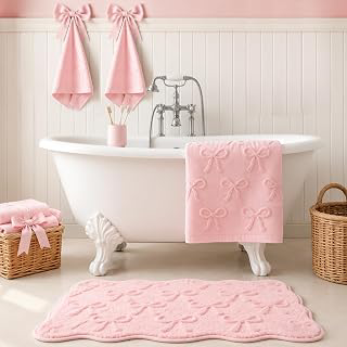 JarThenaAMCS 4Pcs 3D Pink Bow Bathroom Rug Set Soft Absorbent Jacquard Bath Towel Hand Towels Non-Slip Bath Mat for Coquette Home Hotel Shower: Jacquard Weave and Production Notes