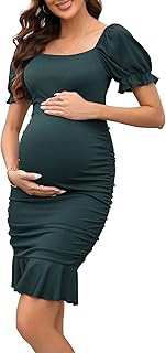 BeautyNee Women's Short Puff Sleeve Maternity Dress Summer Square Neck Ruffle Hem Smocked Bodycon Dress for Baby Shower: OEM Production and Sizing Notes