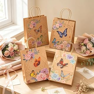 4Pcs Kraft Paper Gift Bags, Floral Paper Bags With Handles, Flower Gift Bag: Print Design and Production Notes