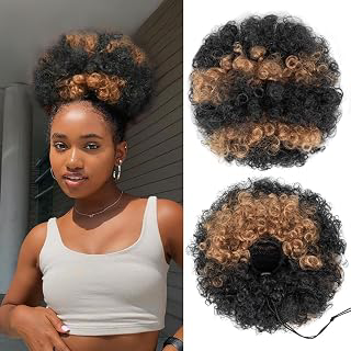YEAME Afro Puff Drawstring Ponytail for Black Women, Short Kinky Curly Afro Ponytail Synthetic Hair Puffs, Premium Ombre Brown Afro Bun: Ombre Dyeing and Production Notes