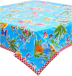 Edgar's Butterfly Light Blue Oilcloth Tablecloths with Red Gingham Trim (55x55 Square): Fabric Sourcing and Quality Notes