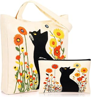 Abbylike 2 Pcs Embroidered Canvas Tote Bag with Makeup Bag Set, 13.7 Inch Reusable Floral Grocery Tote with Handles for Women: Print Design and Production Notes