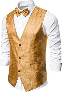 Mens Vest Formal Waistcoat Paisley Floral Jacquard Pocket Square V-Neck Vests Suit for Tuxedo Wedding Outfits: Jacquard Weave and Production Notes