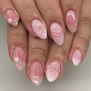 3D Flower Press On Nails Short Almond - Pink White Ombre Gold Line Designs, Acrylic Reusable Fake Nails with Adhesive Tabs Glue, Salon Quality: Ombre Dyeing and Production Notes