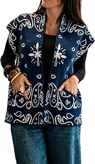 Women Cap Sleeve Open Front Paisley Knit Vest with Pockets: Jacquard Weave and Production Notes