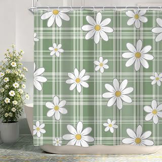 Cute Flower Green Daisy Floral Retro Grovvy Bathroom Shower Curtain Set: Print Design and Production Notes