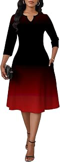 Women's Casual 3/4 Sleeve Midi Dresses Fit and Flare Church Work Dress with Pockets: Ombre Dyeing and Production Notes