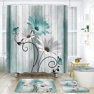 Onalasyc 4PCS Teal Daisy Floral Bathroom Sets with Shower Curtain and Rugs: Print Design and Production Notes