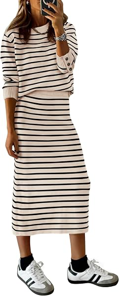 Women's 2 Piece Striped Sweater Skirt Set Fall Matching Sets: OEM Production and Sizing Notes