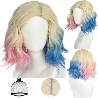 ANOGOL Platinum Blonde Pink Blue Ombre Bob Wigs Short Blonde Wavy Wigs: Ombre Dyeing and Production Notes